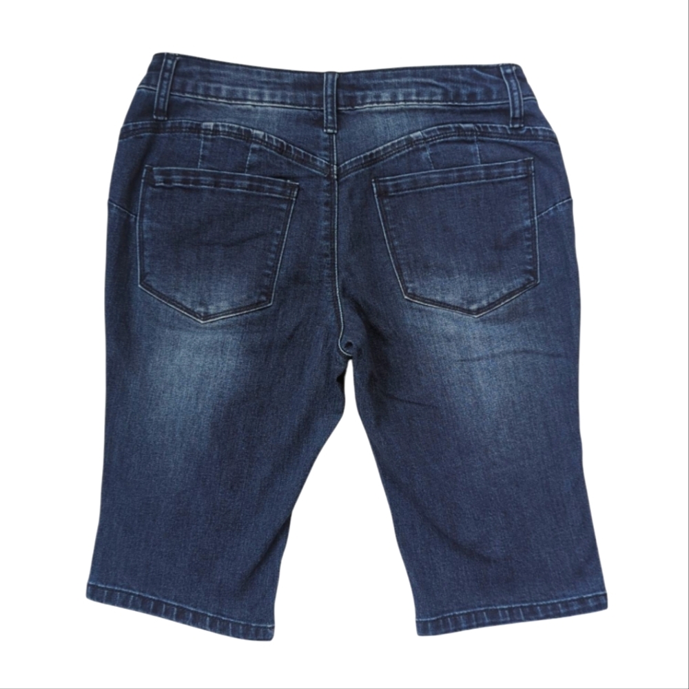 Hybrid & Co. Butt Lift Stretch Distressed Ripped Bermuda Jean City Shorts 3 Blue - Picture 8 of 13